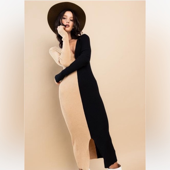 V-Neck Split Color Knit Dress